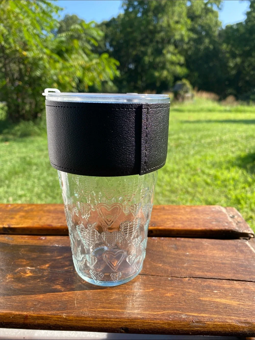 Giant Goods Heart-Embossed Glass Travel Tumbler Faux-Leather Insulating Sleeve
